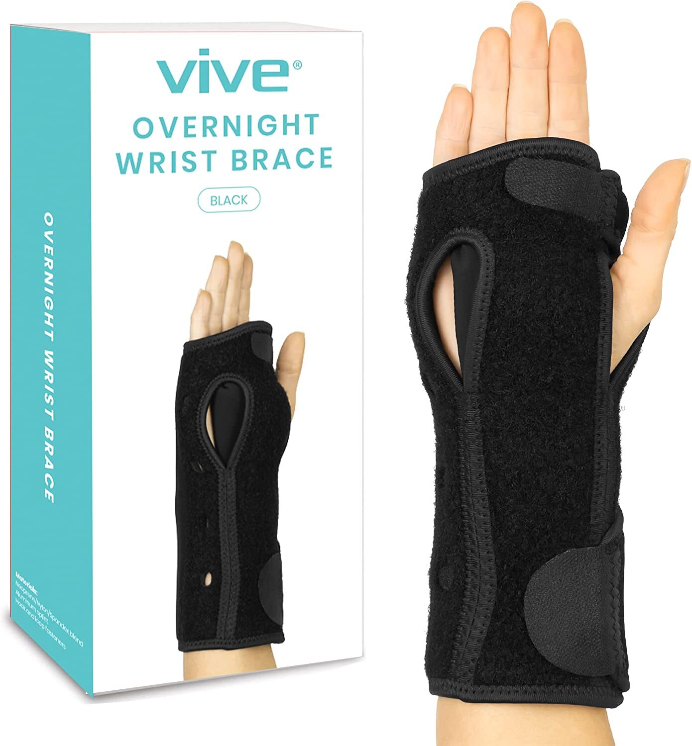 VIVE Night Wrist Splint Brace – (Black) Left, Right Hand Sleep Support Wrap