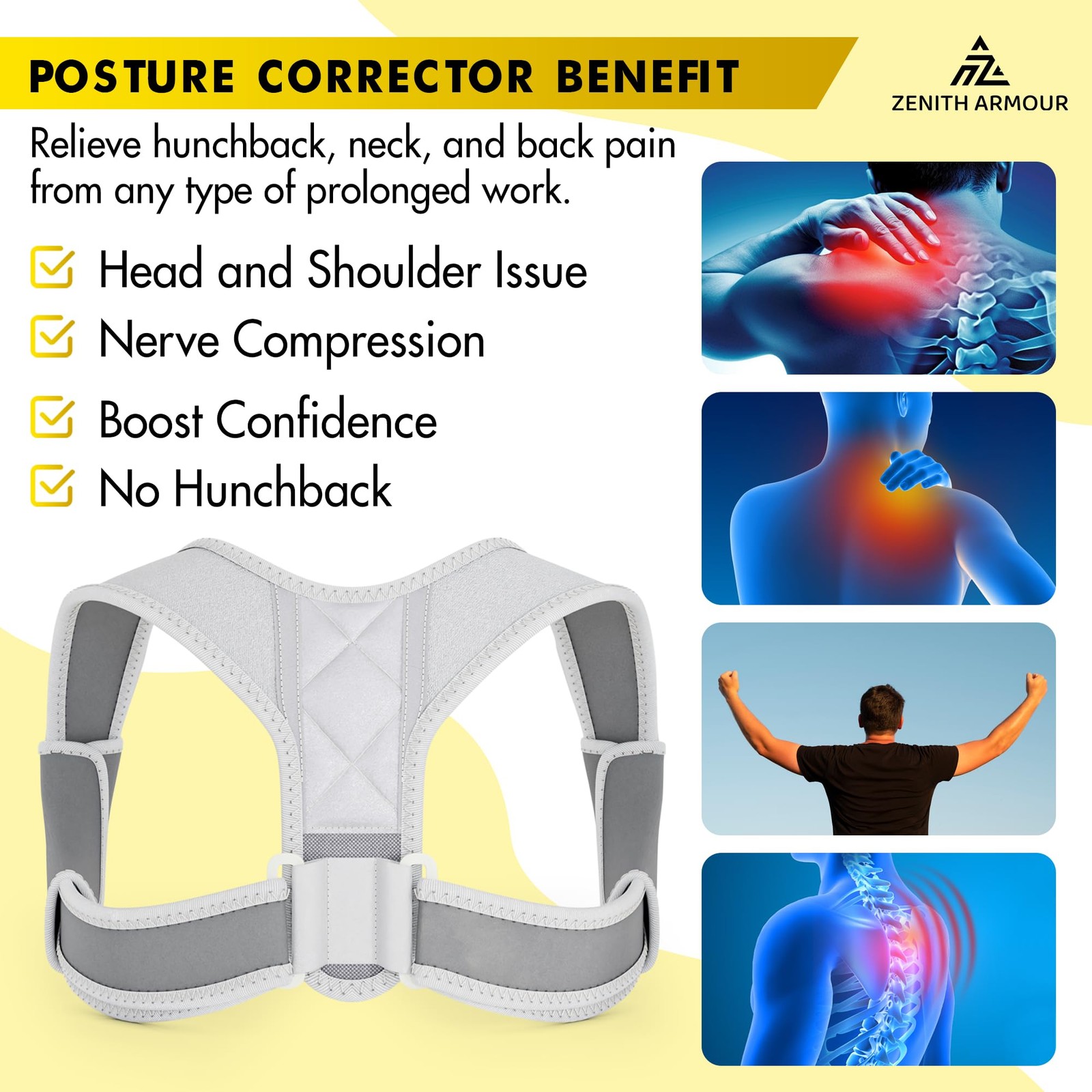 Zenith Armour Back Posture Corrector for Men and Women – Adjustable Gray