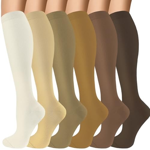 OUIVIAL 6 Pairs Compression Socks for Women Large-X-Large 07-white Brown Series