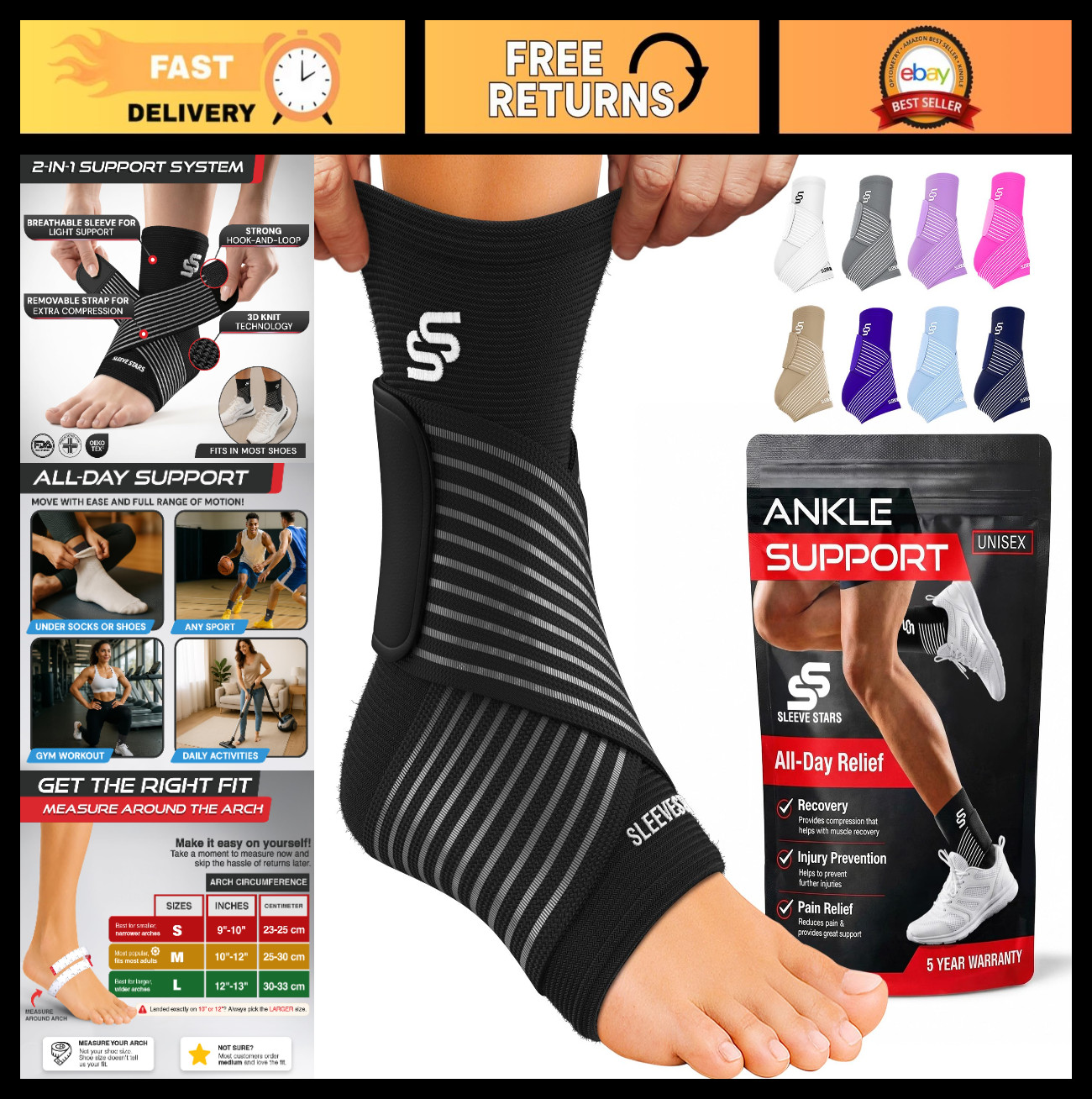 Ankle Brace Compression Sleeve for Sprains & Plantar Fasciitis Relief, Adjustabl