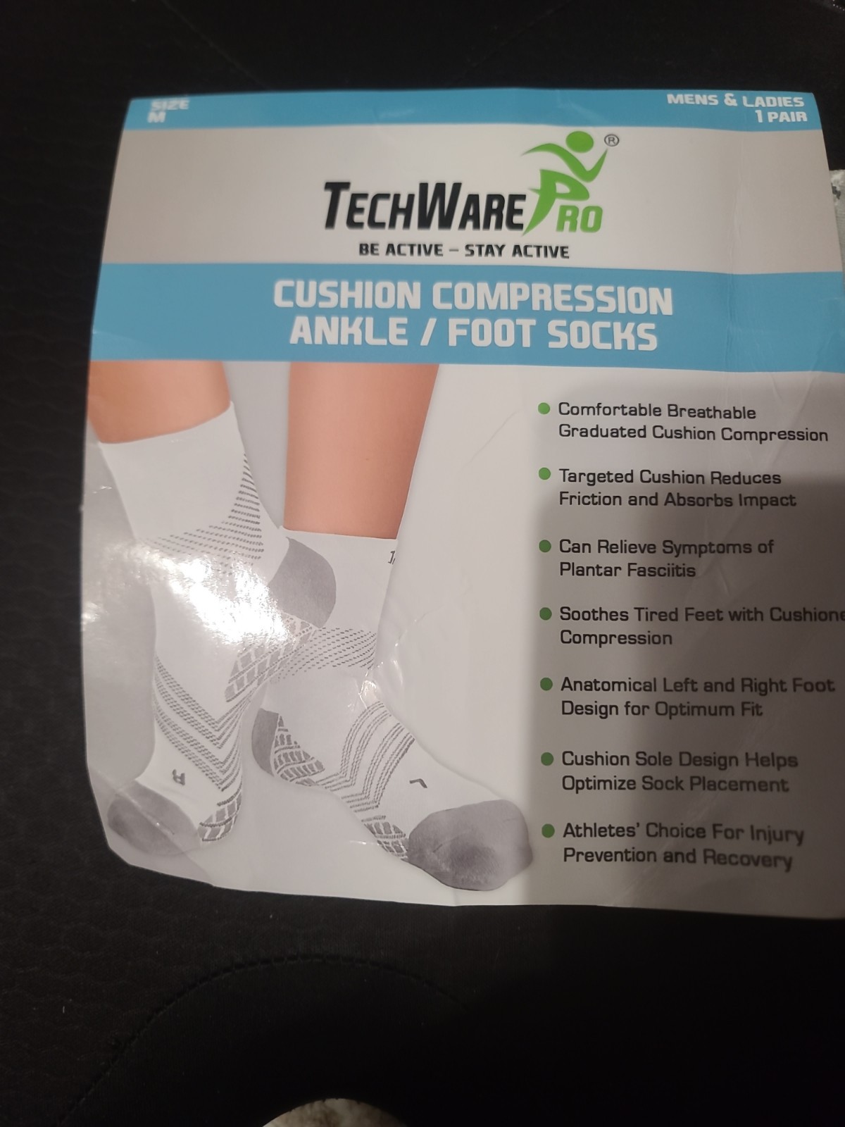 TechWare Pro Compression Ankle/Foot Socks Gray White Size M Be ActiveStay Active