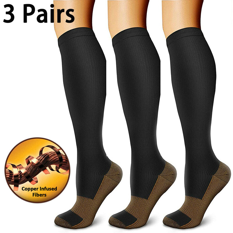 3 Pairs Copper Compression Socks 20-30mmHg Moisture Wicking Support Stocking XXL