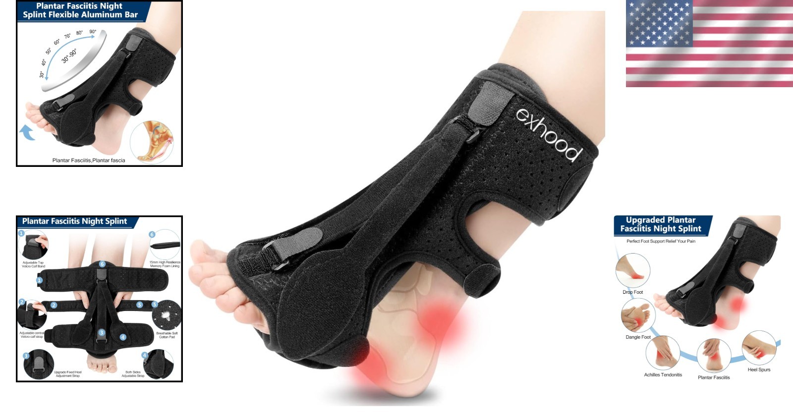 Plantar Fasciitis Night Splint – 3 Adjustable Straps for Pain Relief, Black