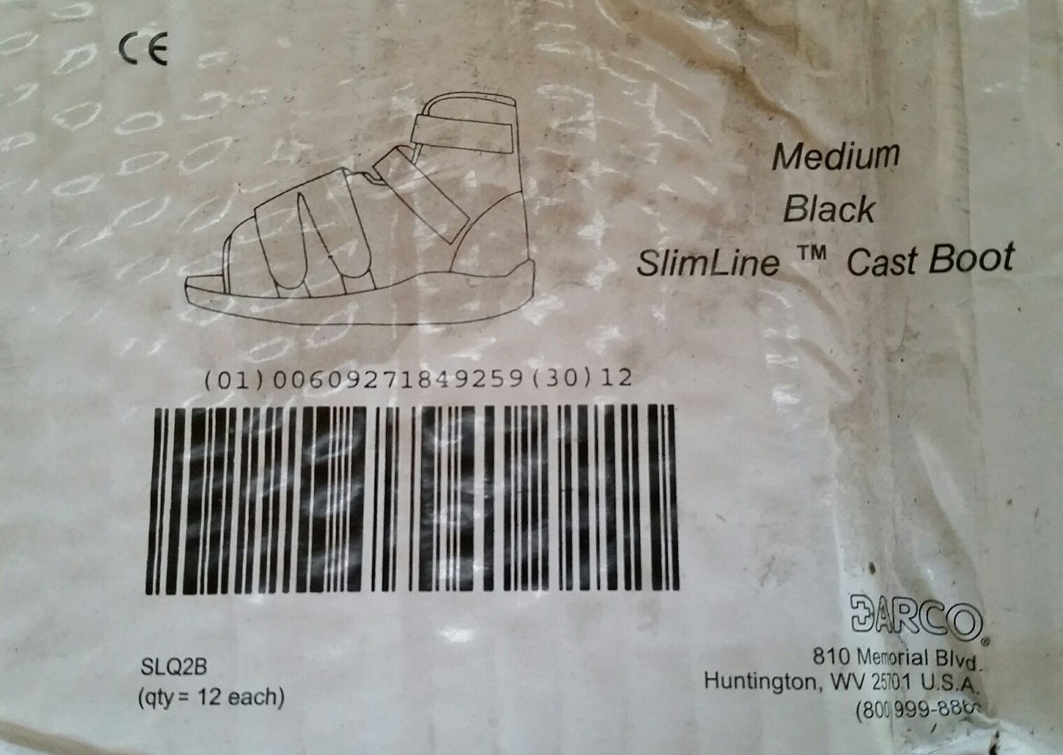 Darco Slim Line Walking Cast Boot, Square Toe, Black, Size Med – Pn SLQ2B – New!
