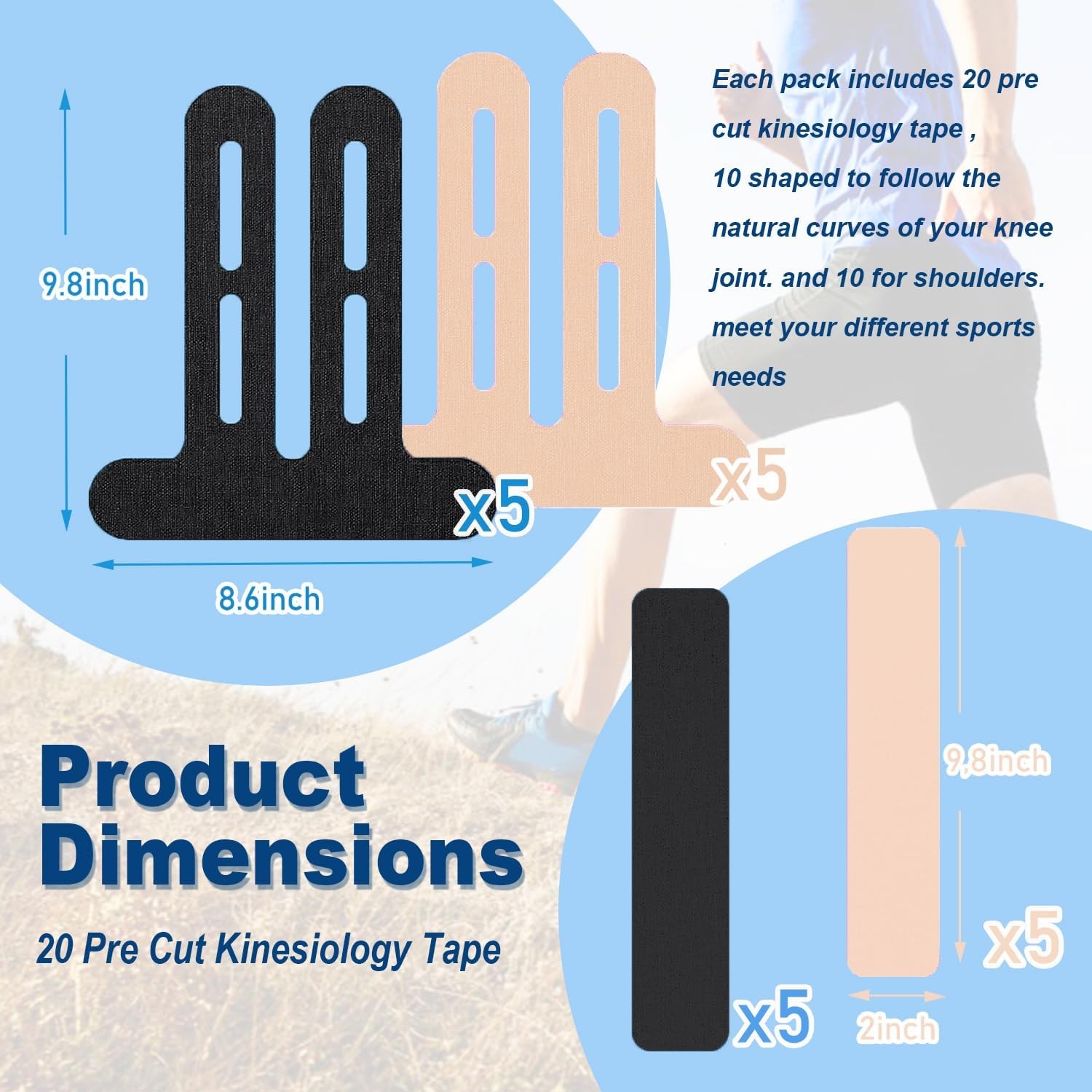 20 PCS Waterproof Kinesiology Tape for Shoulders/Knees,Precut Strips for Knee Pa