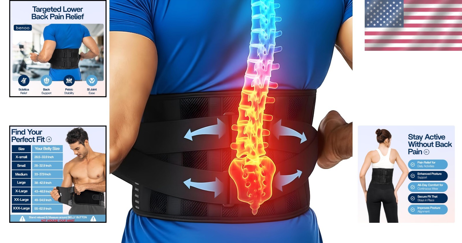 Adjustable Back Brace for Lower Back Pain Relief | Medium Size (33-37.9″)