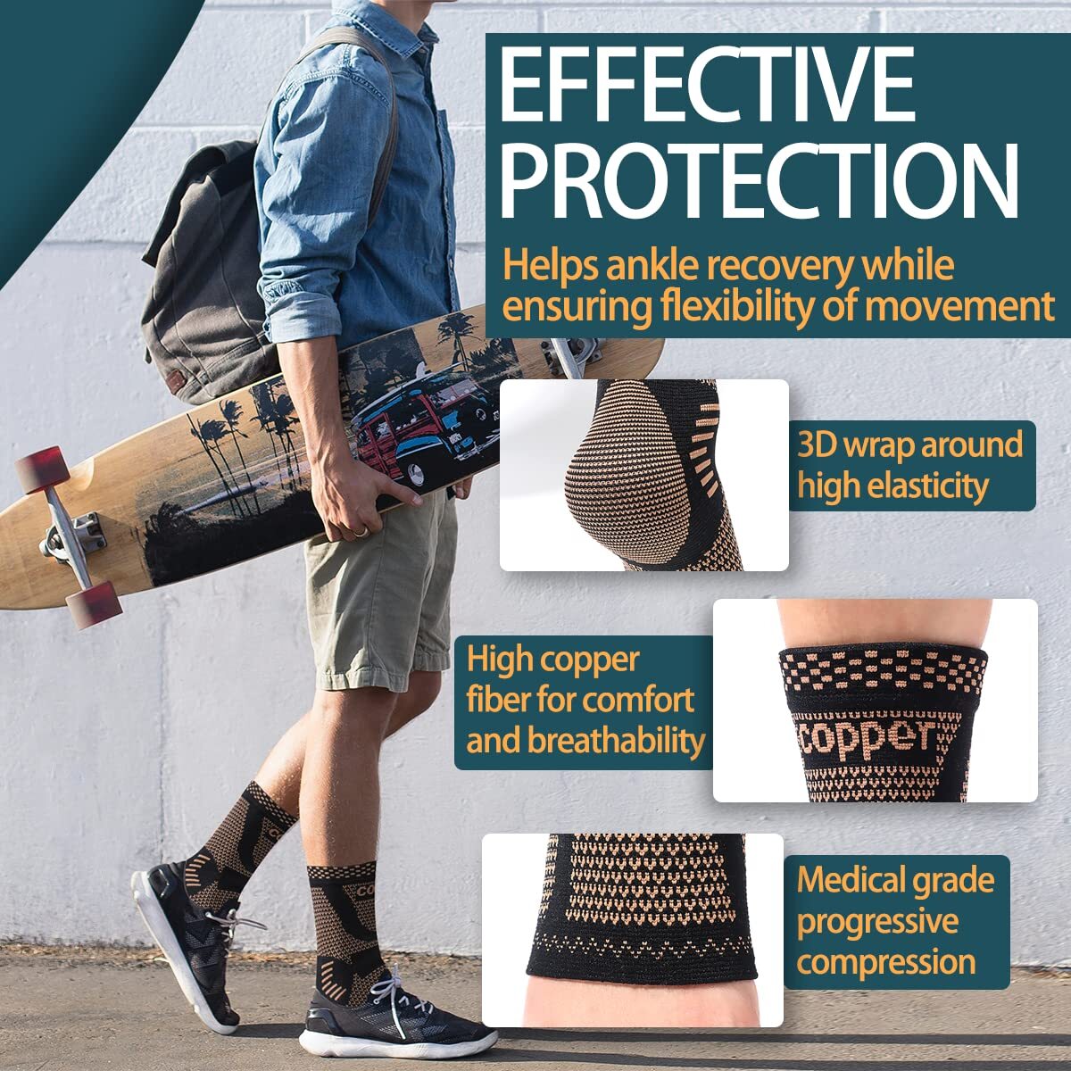 Copper Infused Ankle Support Compression Sleeve for Pain Relief Sprained Ankle–