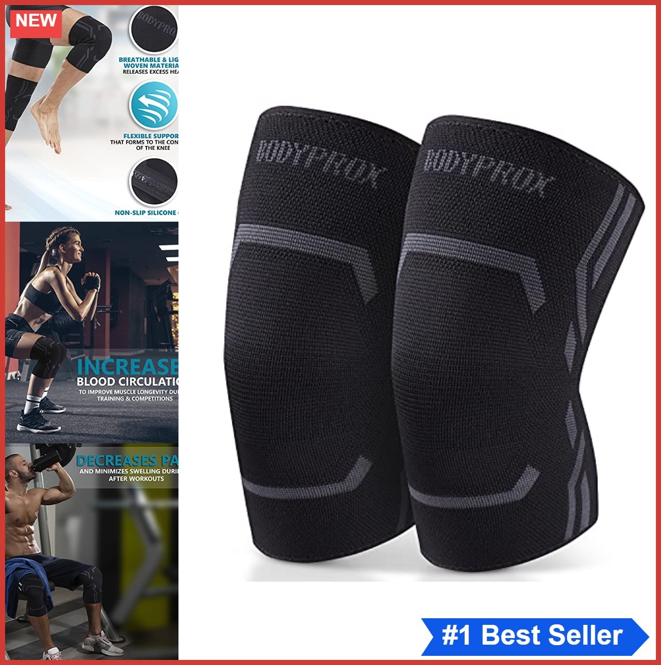 Knee Compression Sleeve 2 Pack Medium Black Nylon Spandex Support Brace Running