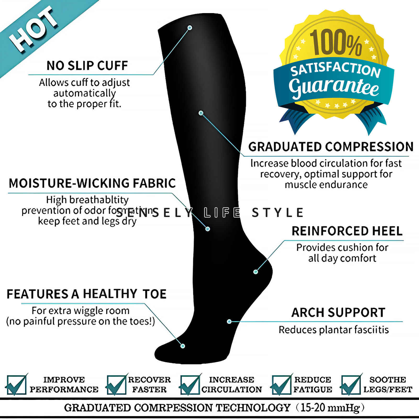 Black / Beige / Gray Compression Socks Women Men 23mmHg Anti Swelling and Pain