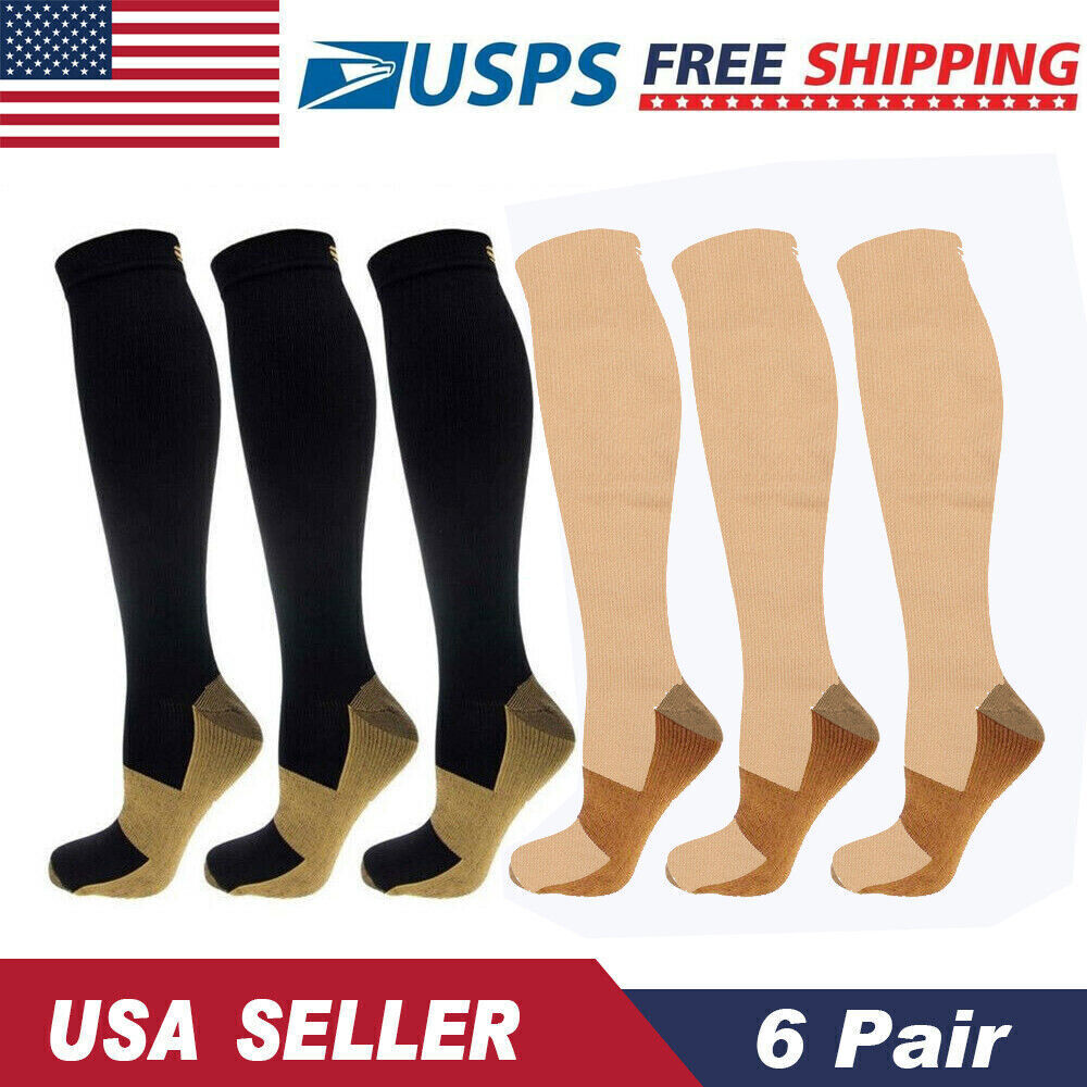 (S-XXL) Copper Compression Support Socks 20-30mmHg Knee High Unisex 3/6 Pairs–