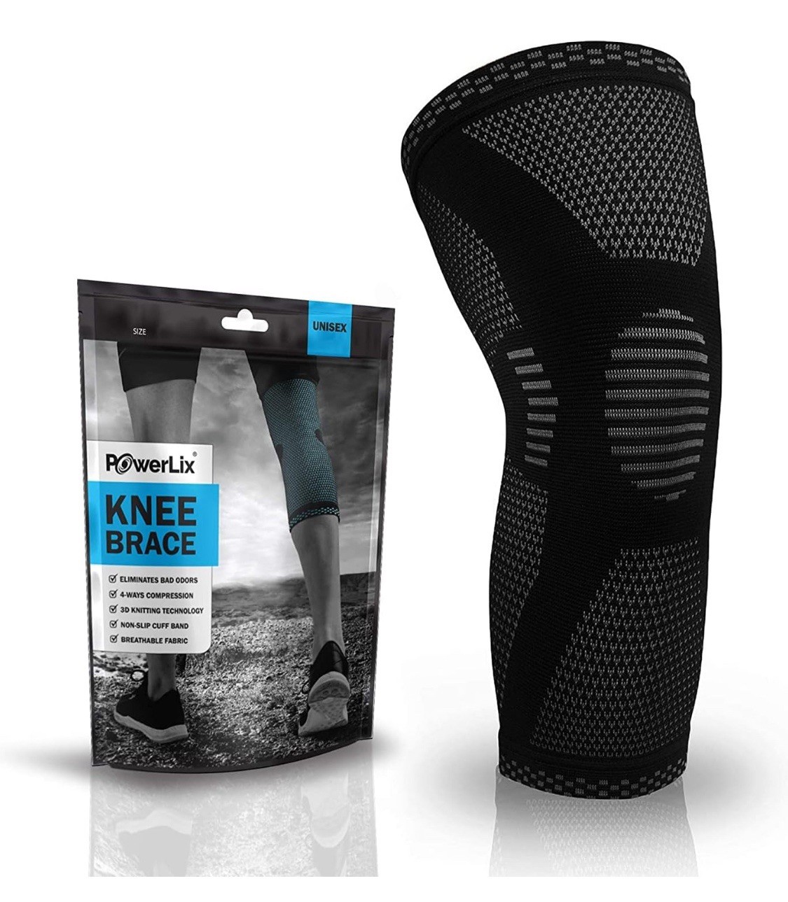 Two Pack POWERLIX Knee Compression Sleeve – Knee Brace for Men & Women – GRAY S