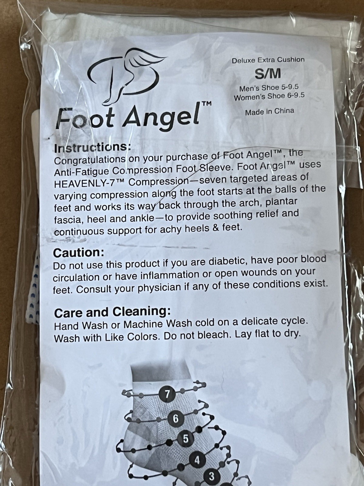 Foot Angel Anti-Fatigue Compression Foot Sleeve Sock Size S/M Slip On White Blue