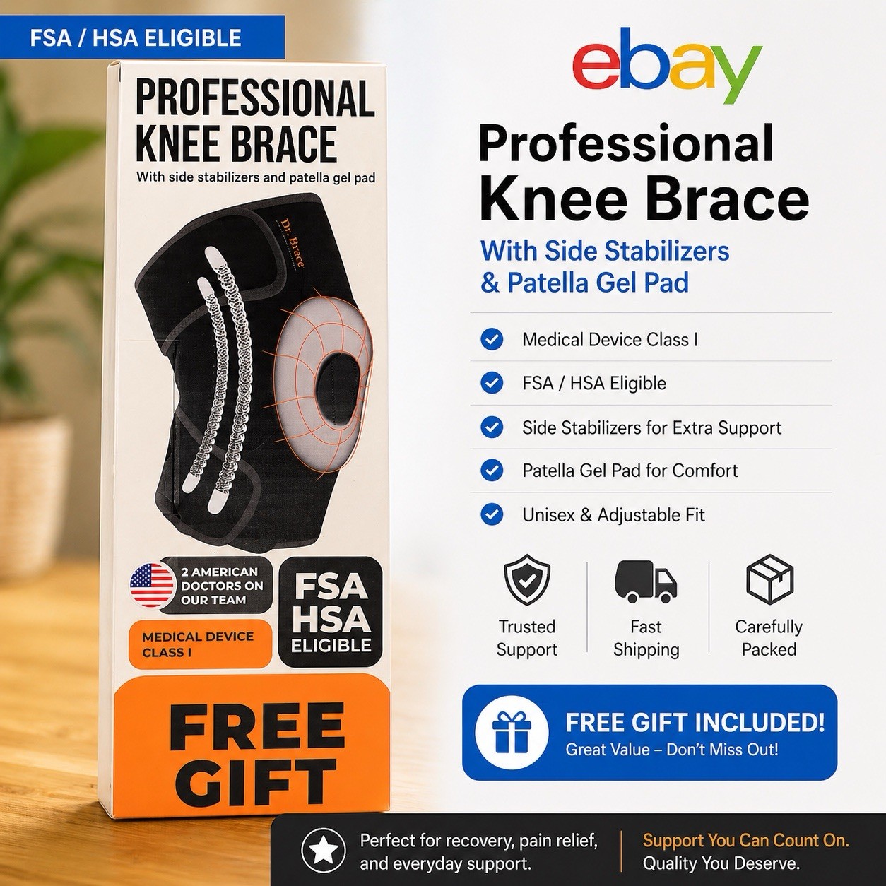 Dr. Brace Elite Professional Knee Brace With Stabilizers & Gel Pad XX Large New
