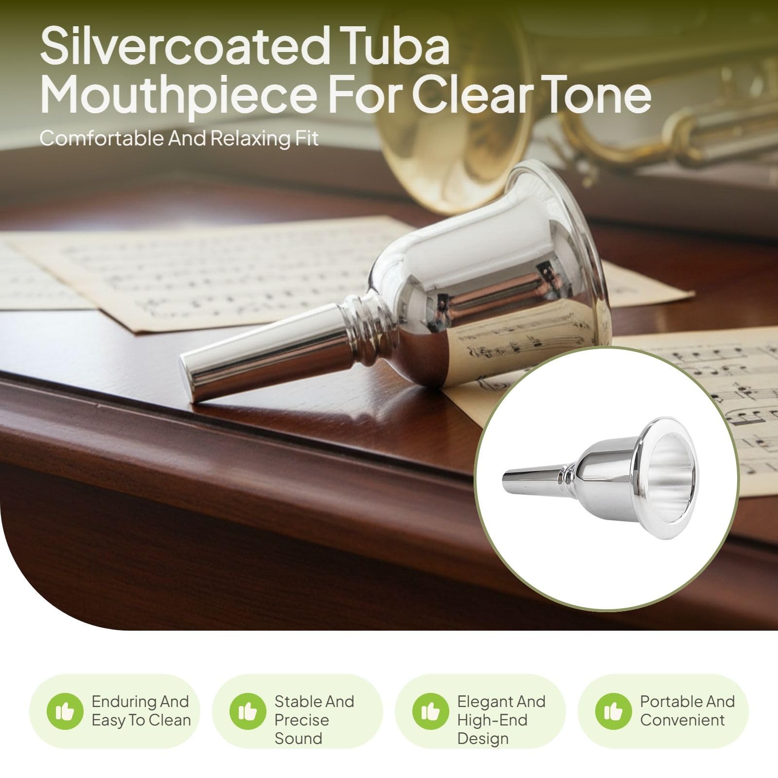 Silver Plated Tuba Mouthpiece for Beginners – Brass Large Mouthpiece with 1.7…
