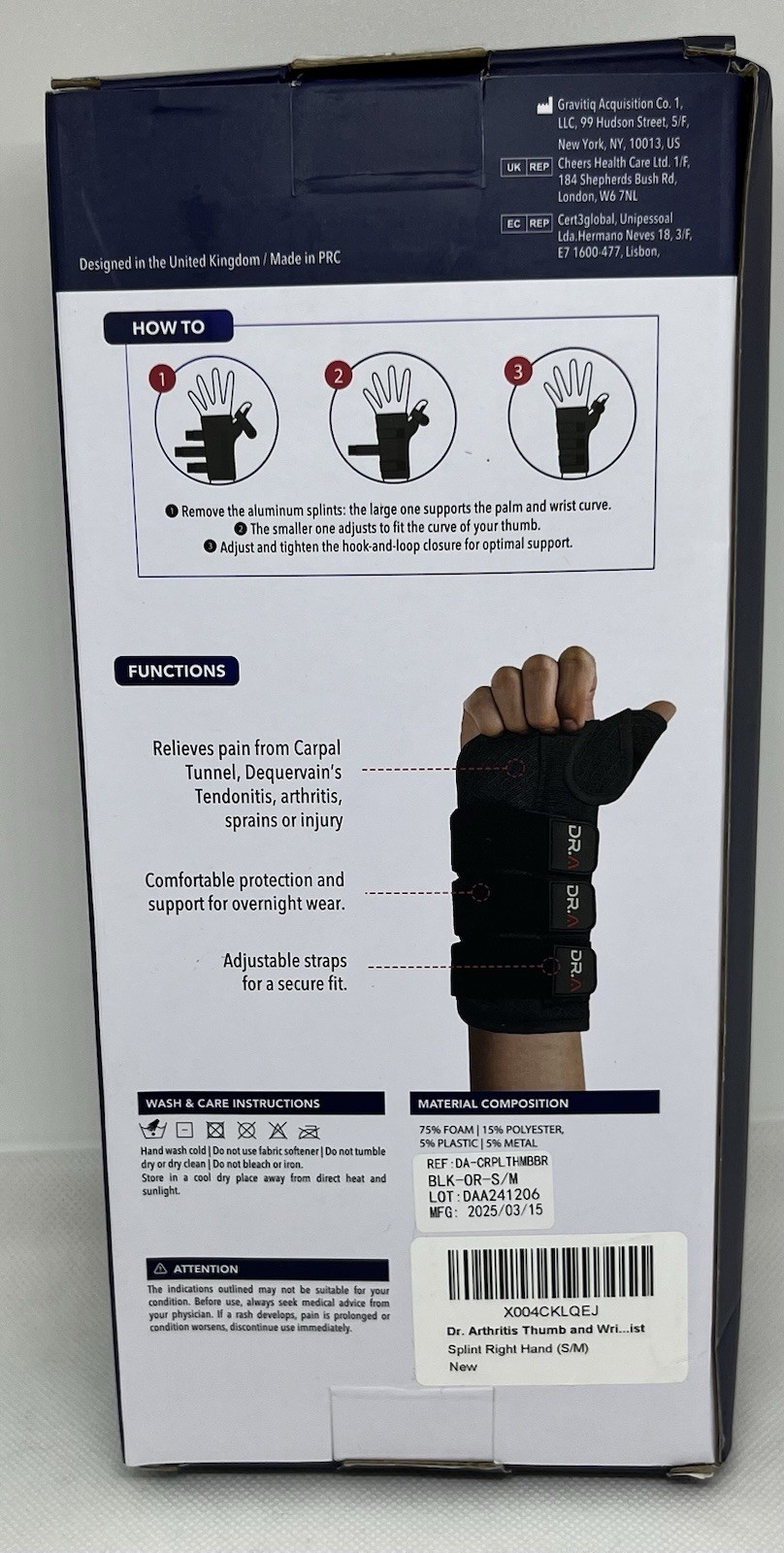 Thumb Wrist Brace Support Splint Hand Sprain Carpal Tunnel Arthritis S/M Right