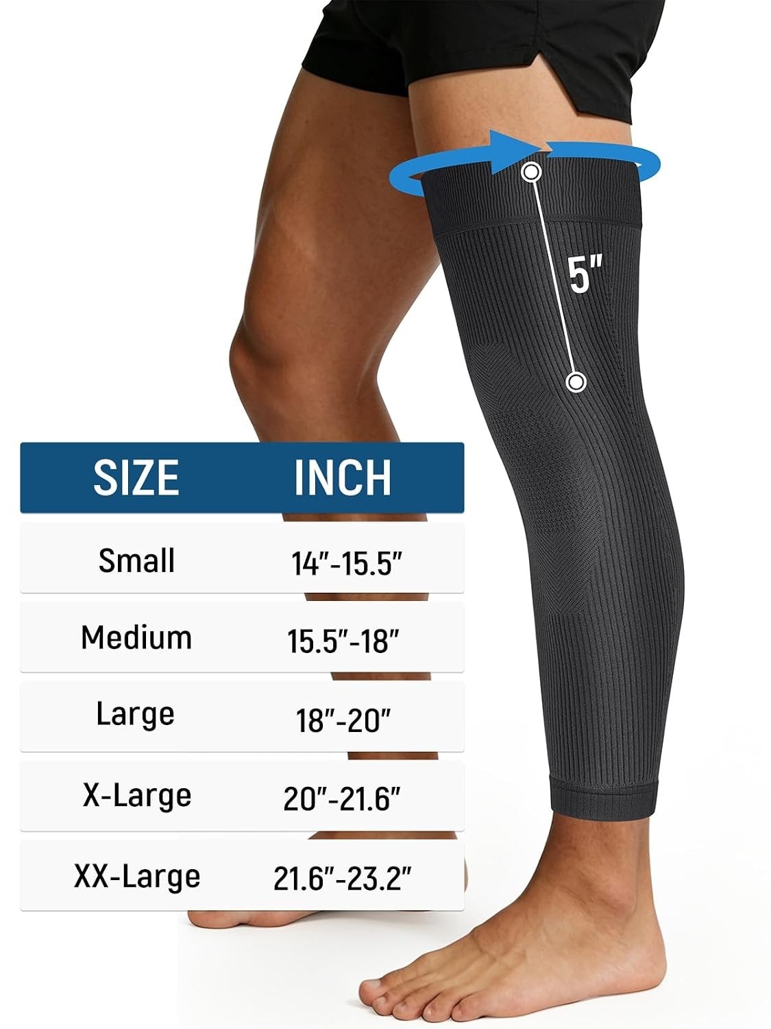 Leg Compression Sleeve Full Length Knee Sleeve Covers Thigh, Knee and Calf LARGE