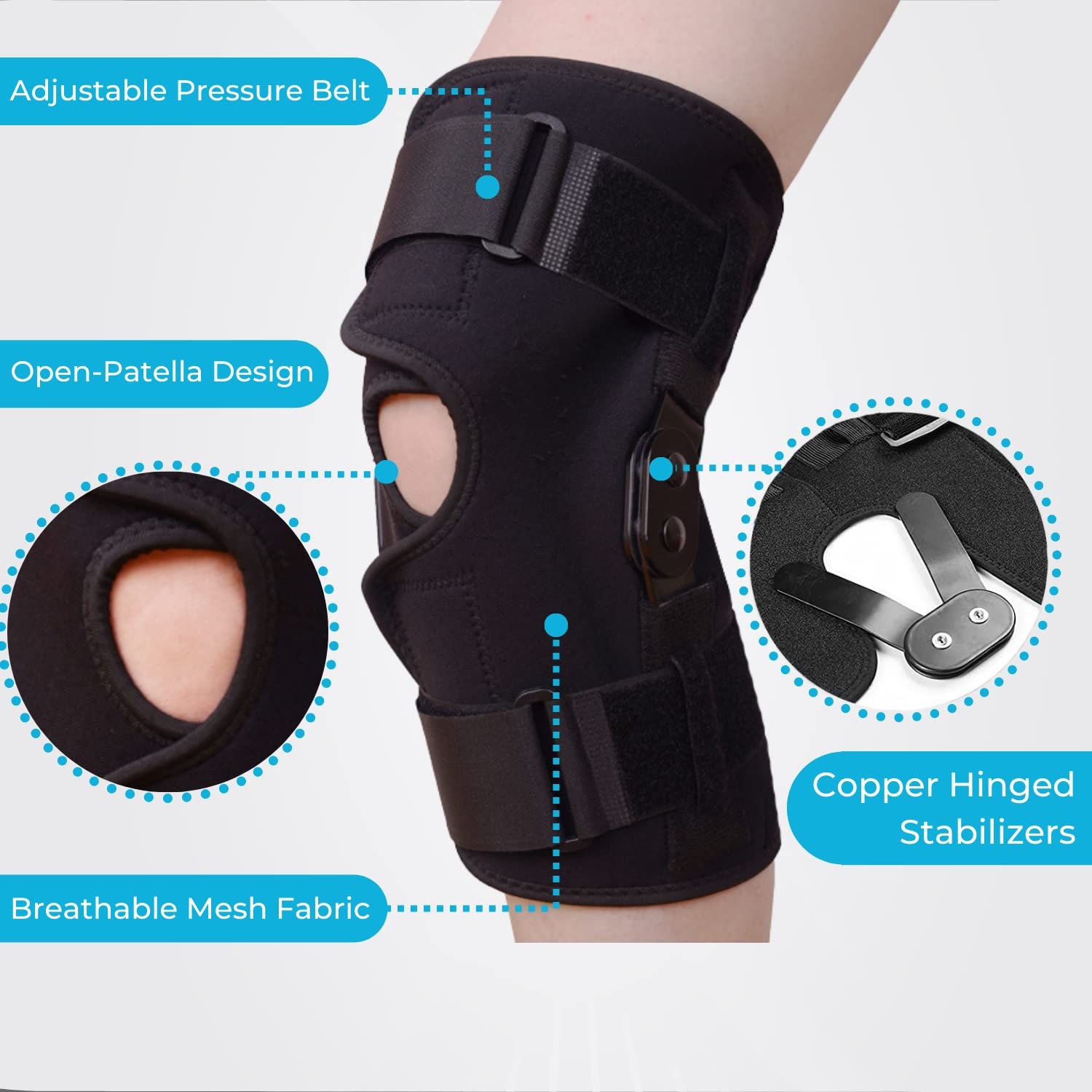 Wraparound Hinged Knee Brace Adjustable Plus Size Knee with Removable Side Me…