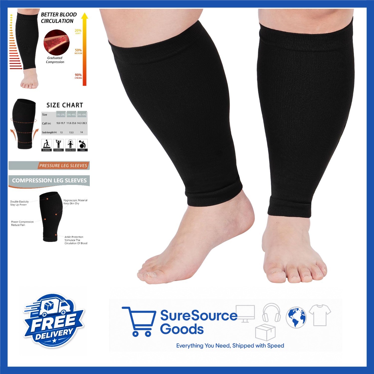 Black Plus Size Knee High Compression Sleeves 15-20mmHg for Travel & Fitness