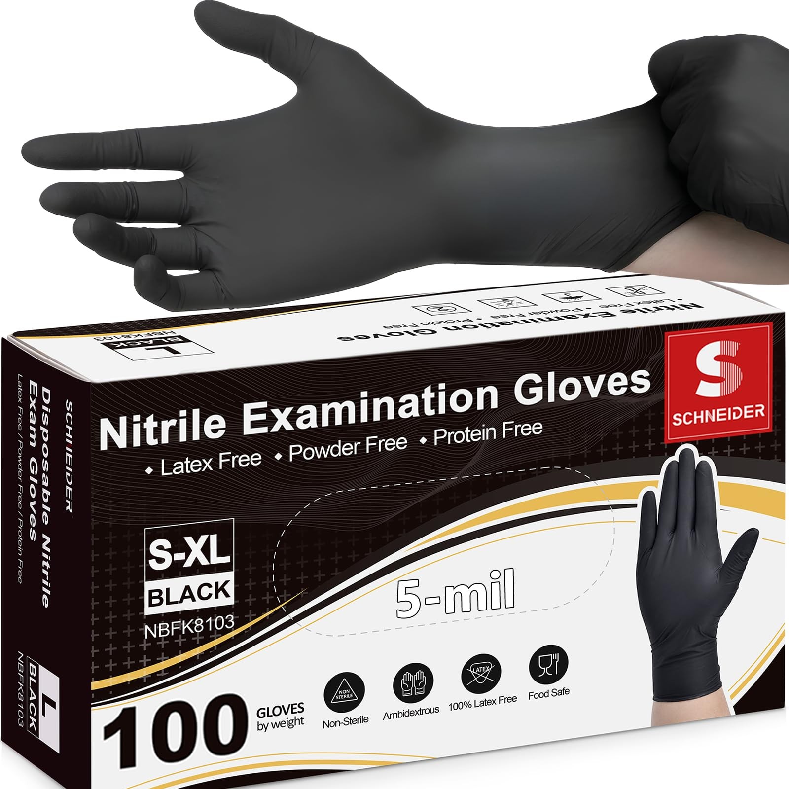 Schneider Black Nitrile Exam Gloves, XL, 5 Mil Disposable X-Large,
