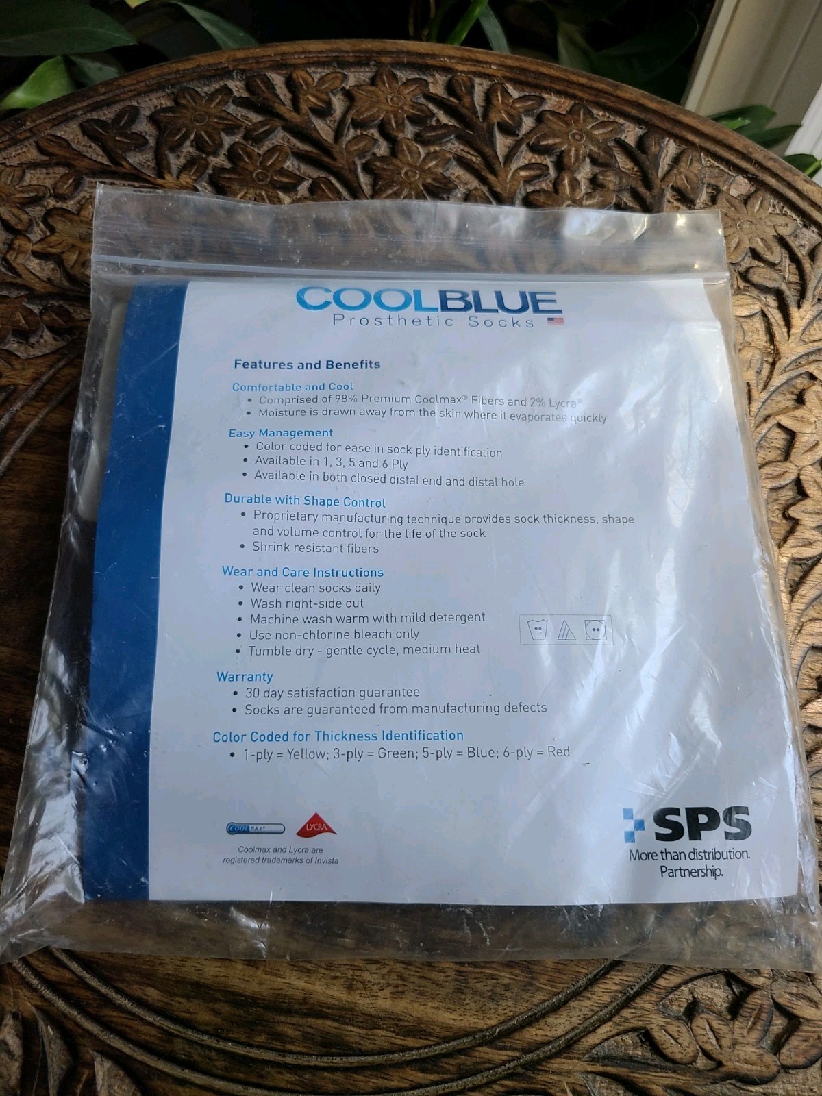 Cool Blue 3 Ply Prosthetic Sock Distal Hole Size 1-2 16-20″ USA Made New