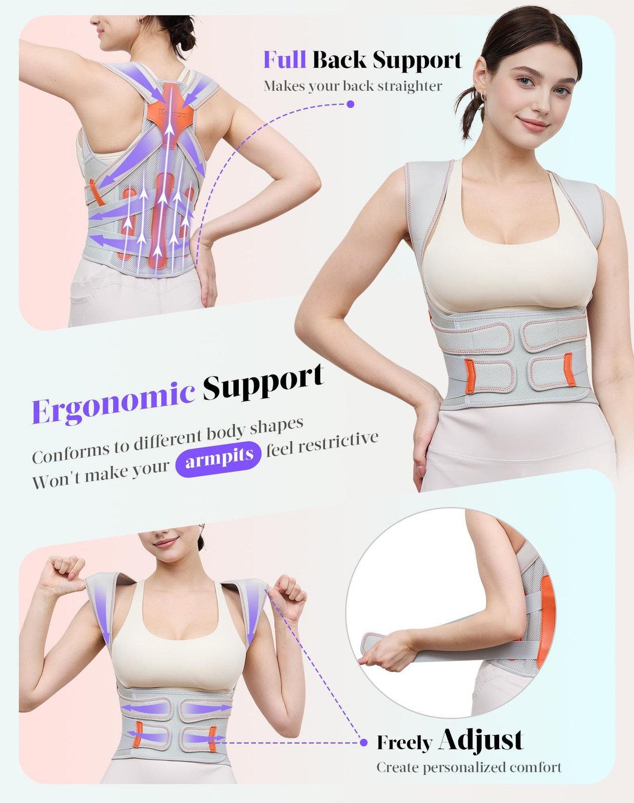 Posture Corrector for Women and Men, Full Back Support Brace, Gray, Medium