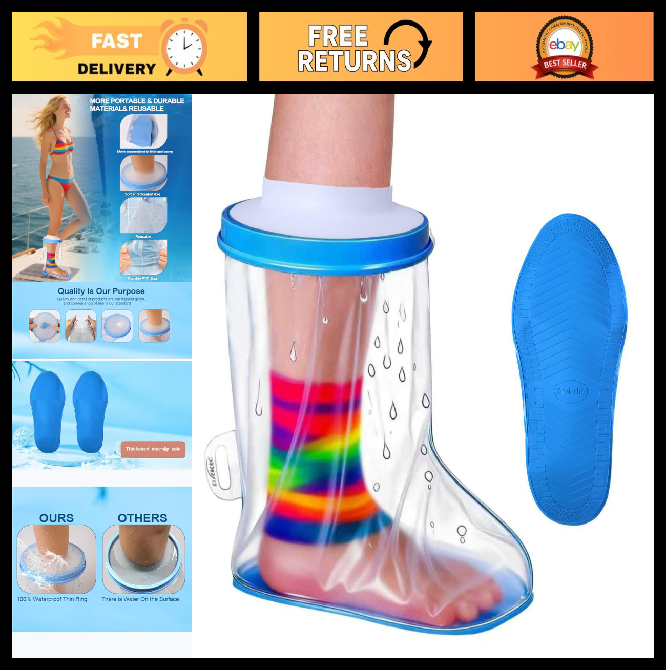 Waterproof Shower Boot Cover for Post-Surgery Foot, Non-Slip Ankle Cast Protecto