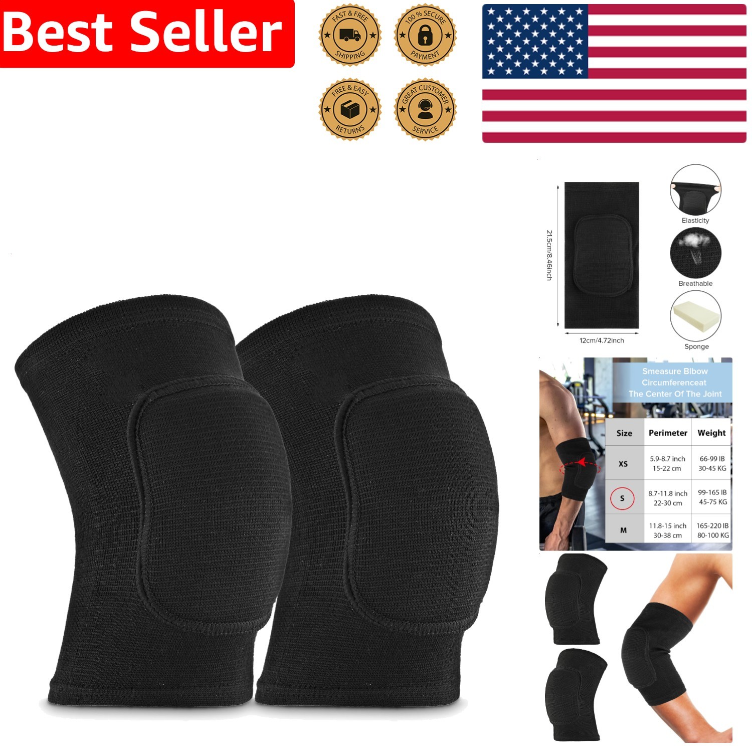 2pk Small Full Black Breathable Compression Elbow Pads Brace Support for Sports
