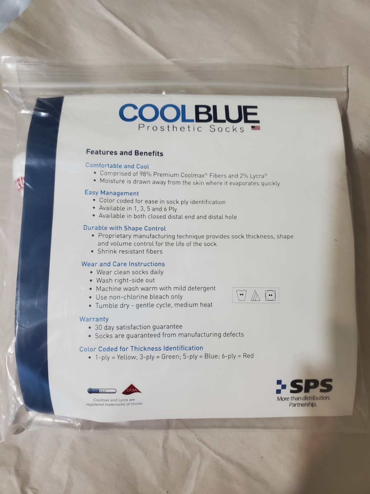 Cool Blue 1 Ply Prosthetic Sock Size 3 4 Length 10-14 Yellow Seam Sewn Hole New