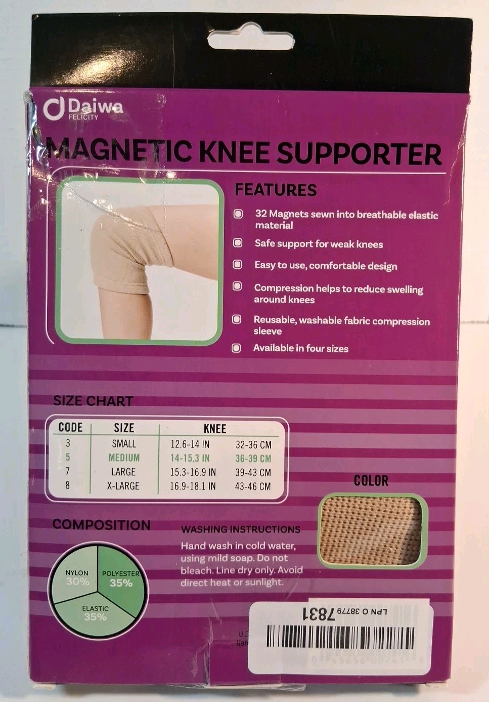 1 Piece Sz M Daiwa Felicity Magnetic Knee Brace Arthritis Pain & Recovery Sleeve