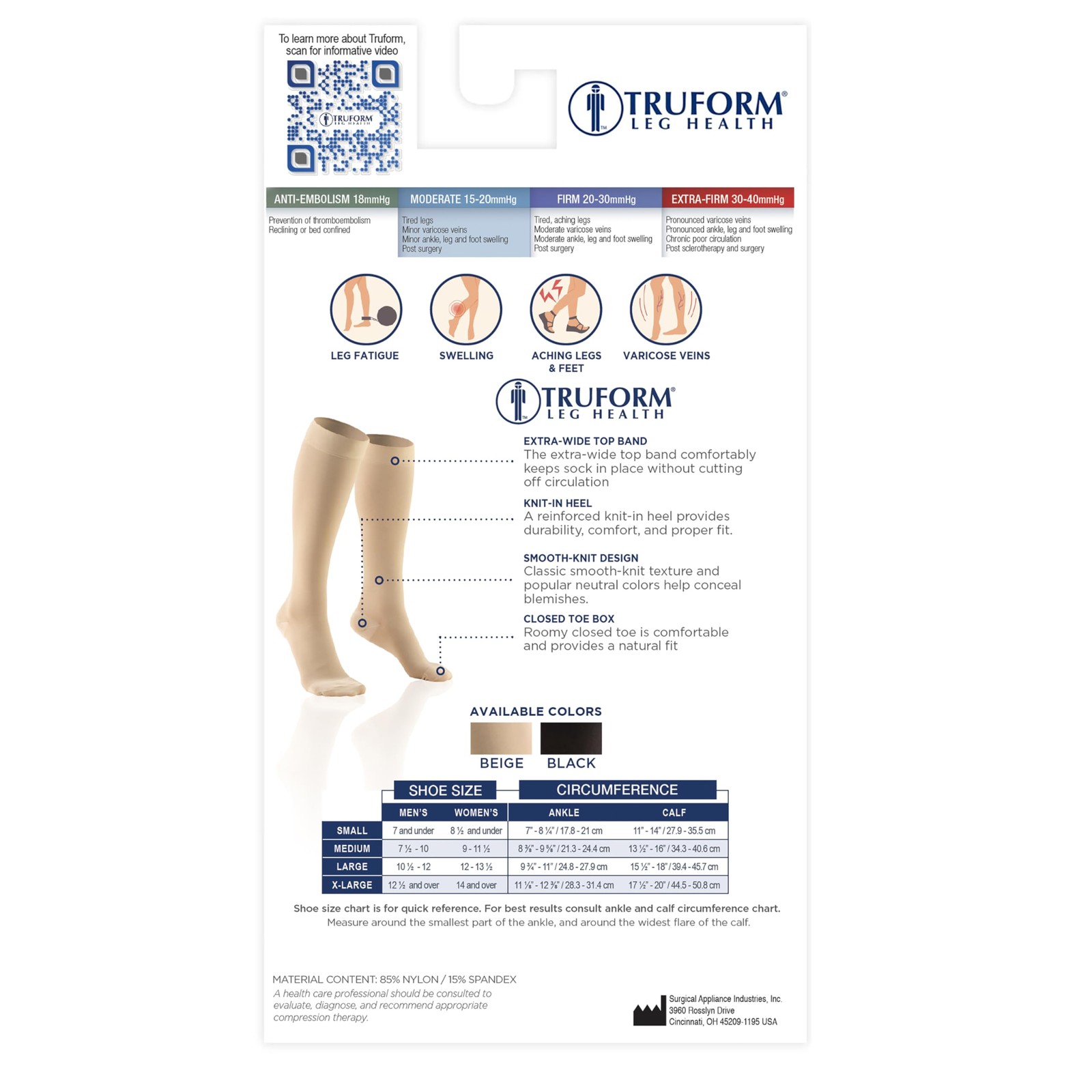 Truform 15-20 mmHg Compression Stockings, Knee High, Unisex, Beige, X-L