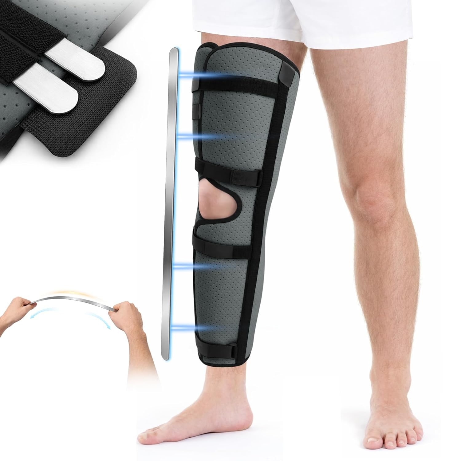 Full Leg Brace with 6 Hook-and-Loop Support Straps, 23″