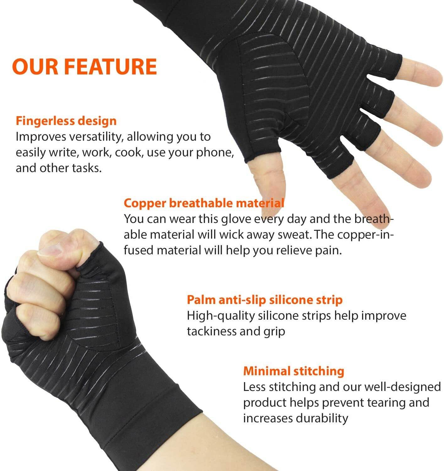2 Pairs Fingerless Copper Compression Arthritis Gloves Carpal Joint Pain Relief