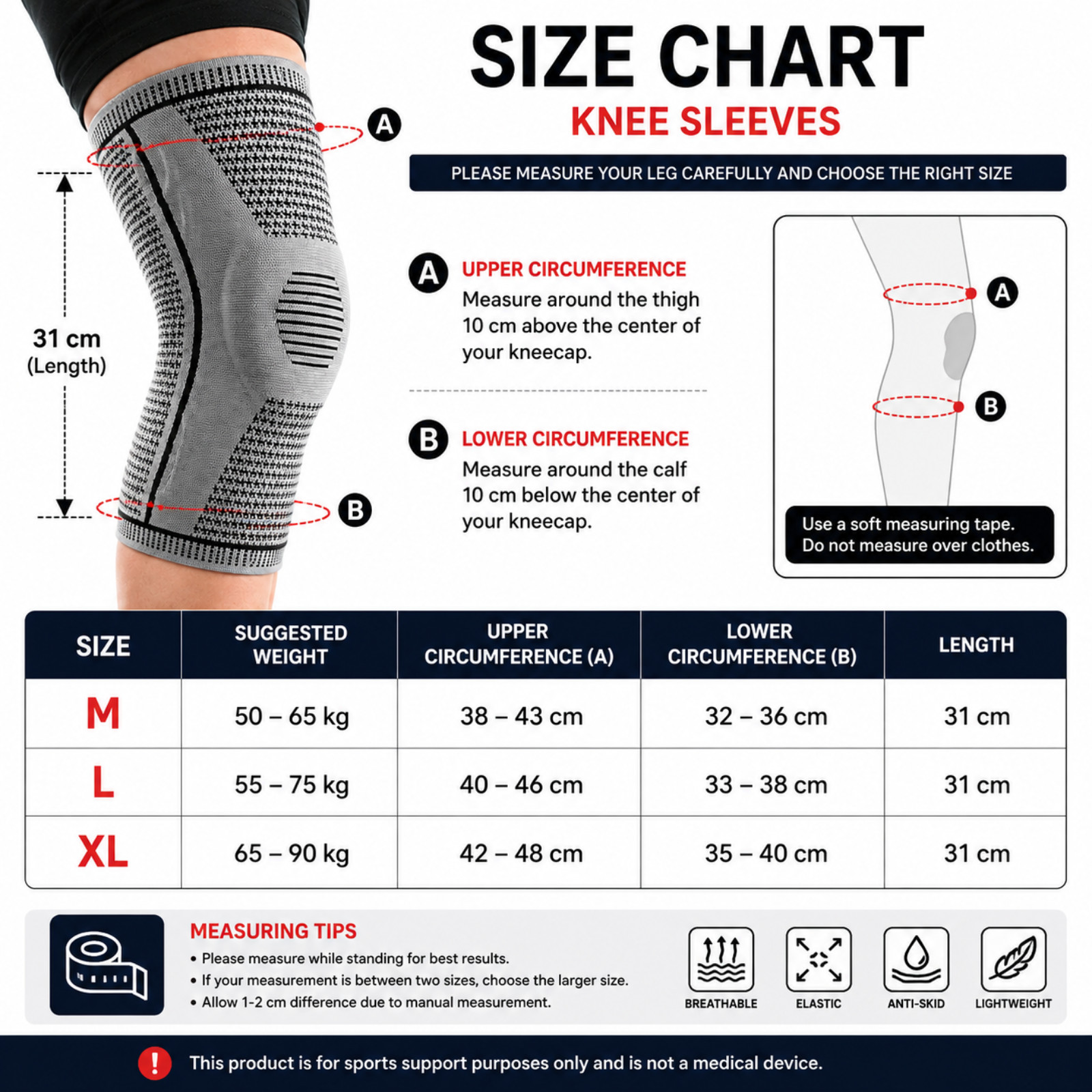 Knee Sleeves Compression Brace Support Sport Joint Injury Pain Arthritis Relief