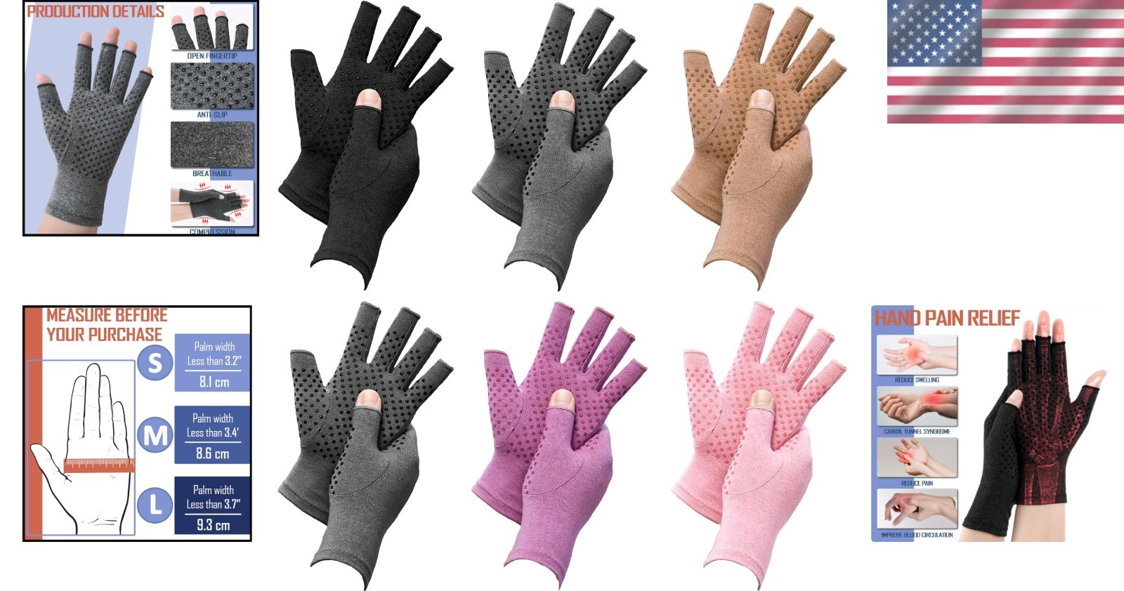 6 Pairs Arthritis Compression Gloves Fingerless Stretch Breathable – Size Medium