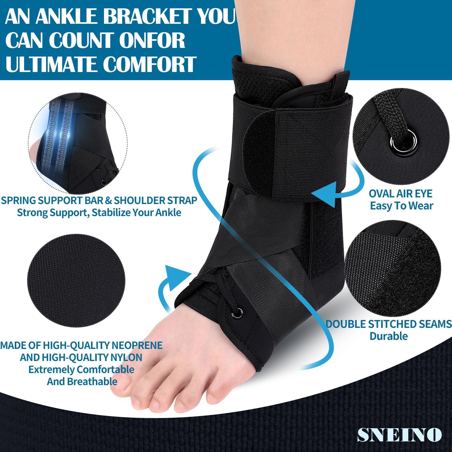 SNEINO Lace Up Adjustable Ankle Support Brace for Sprained Ankle Medium Black