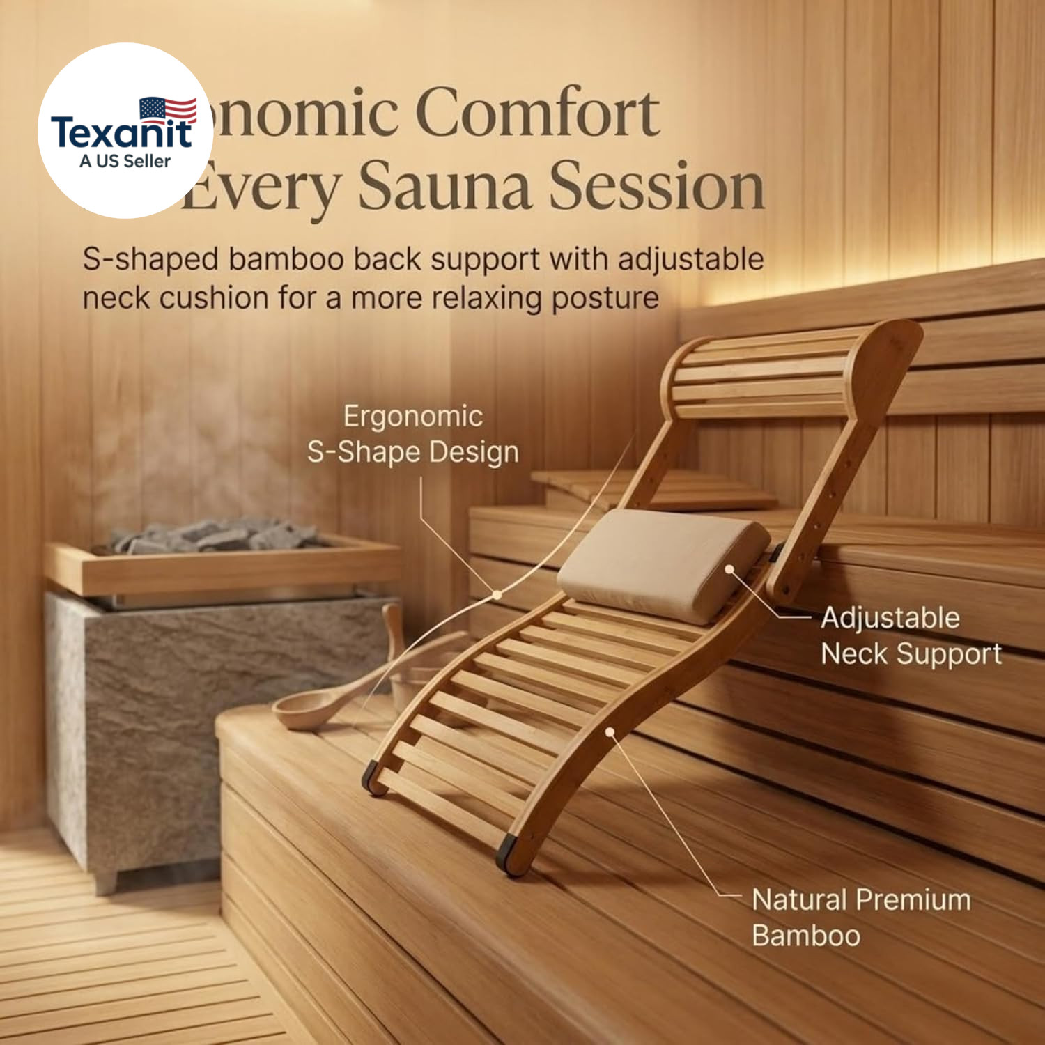 Sauna Backrest with Neck Pillow – Ergonomic S-Shape Bamboo Back Support for Infr