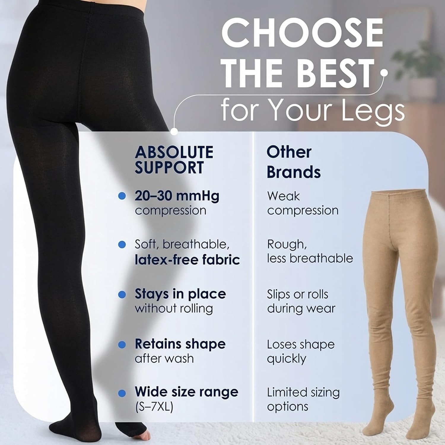 Compression Pantyhose 20-30mmHg Opaque Black Medium Reinforced Heel Open Toe Var