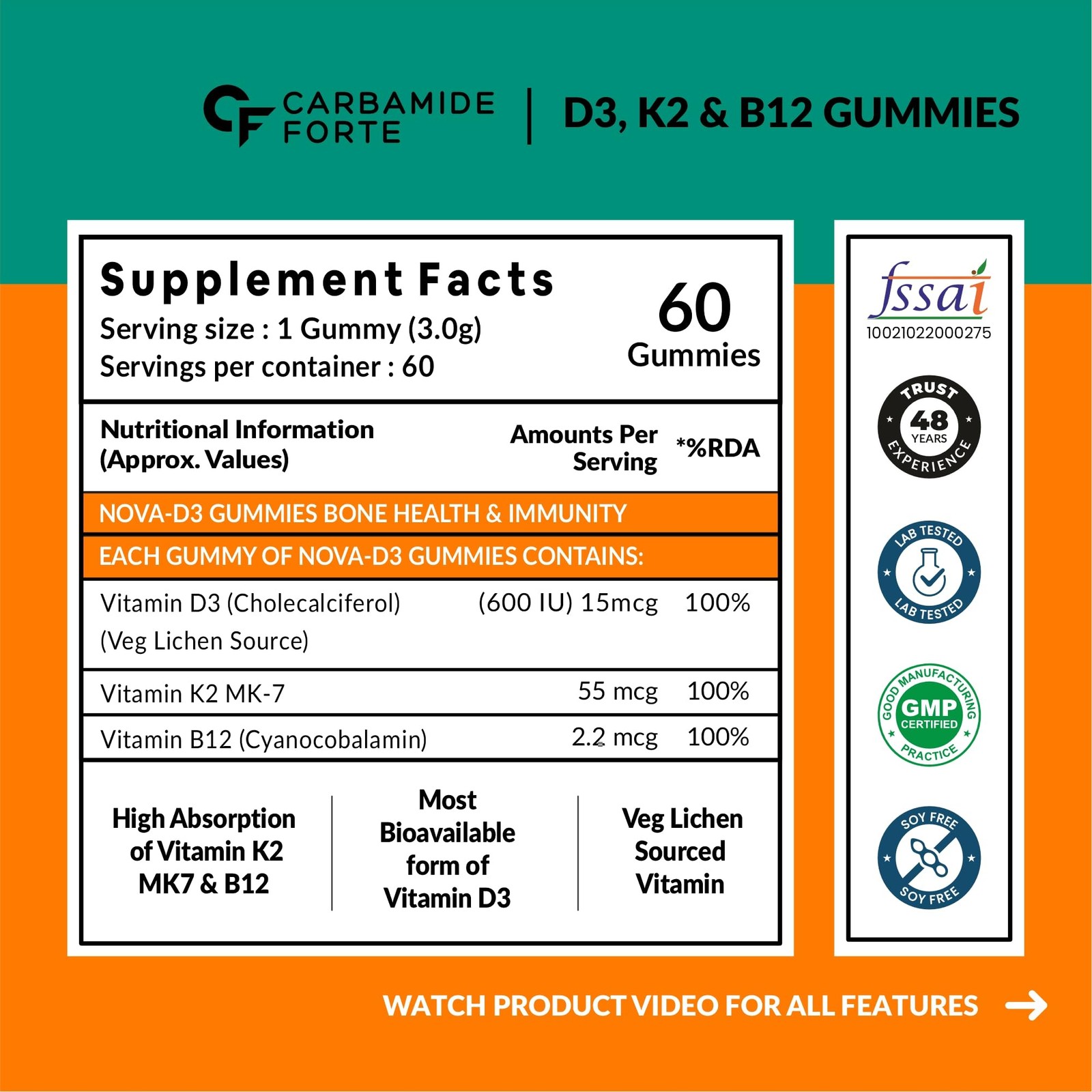 Carbamide Forte Vitamin D3 K2 MK7 B12 Gummies – Mango Flavour