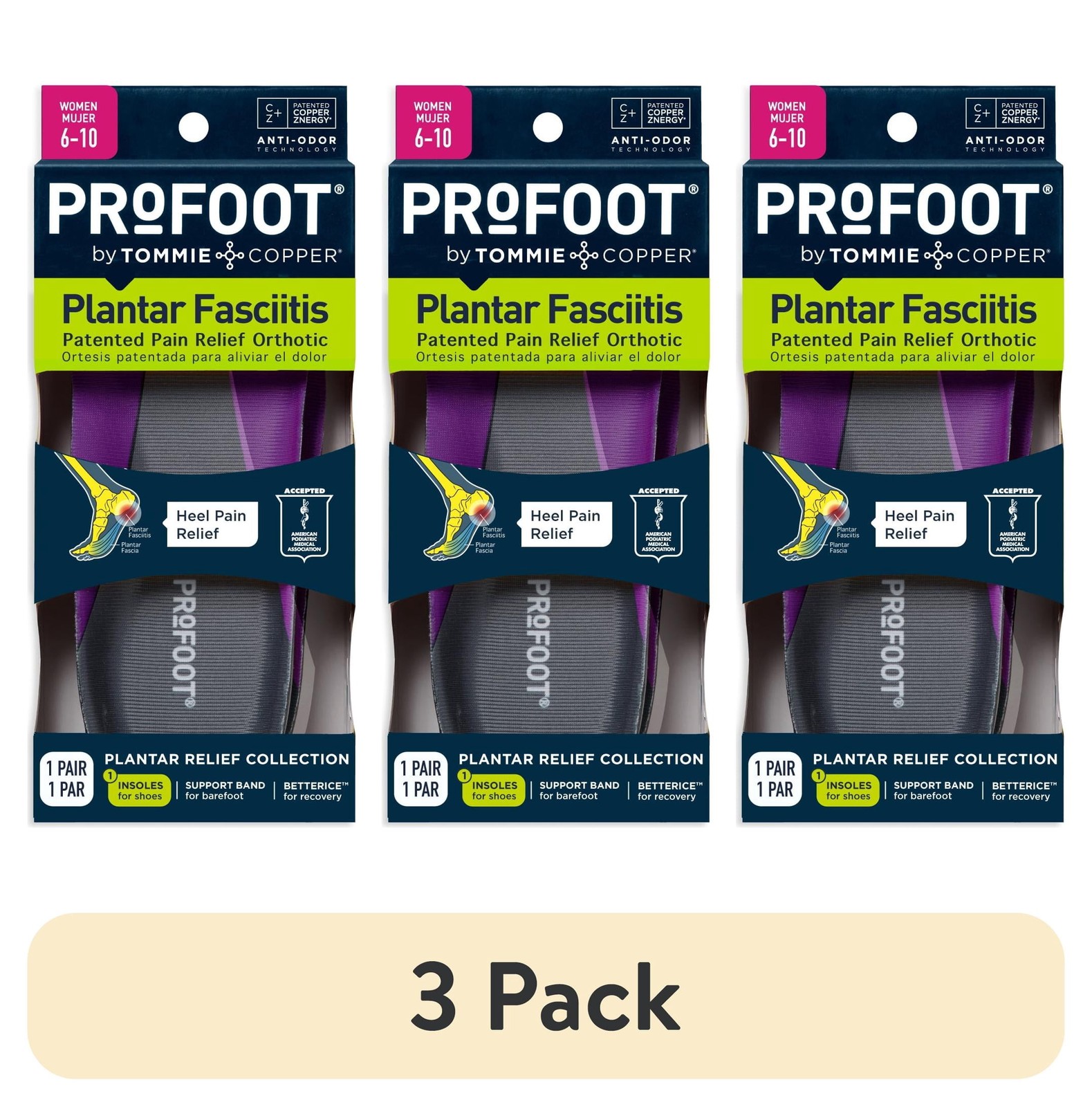 (3 pack) Plantar Fasciitis Orthotic Insoles, Womens 6-11, 1 Pair