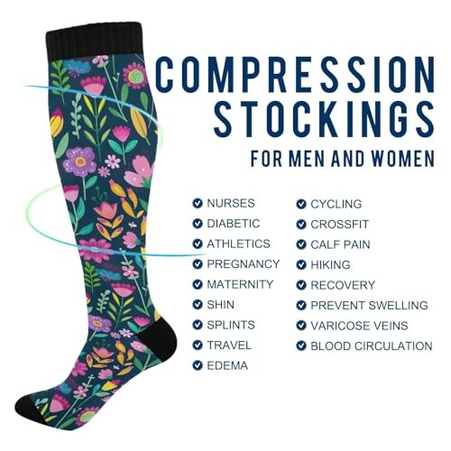 Compression Socks for Women and Men 20-30 mmHg Knee Colorful Floral Pattern