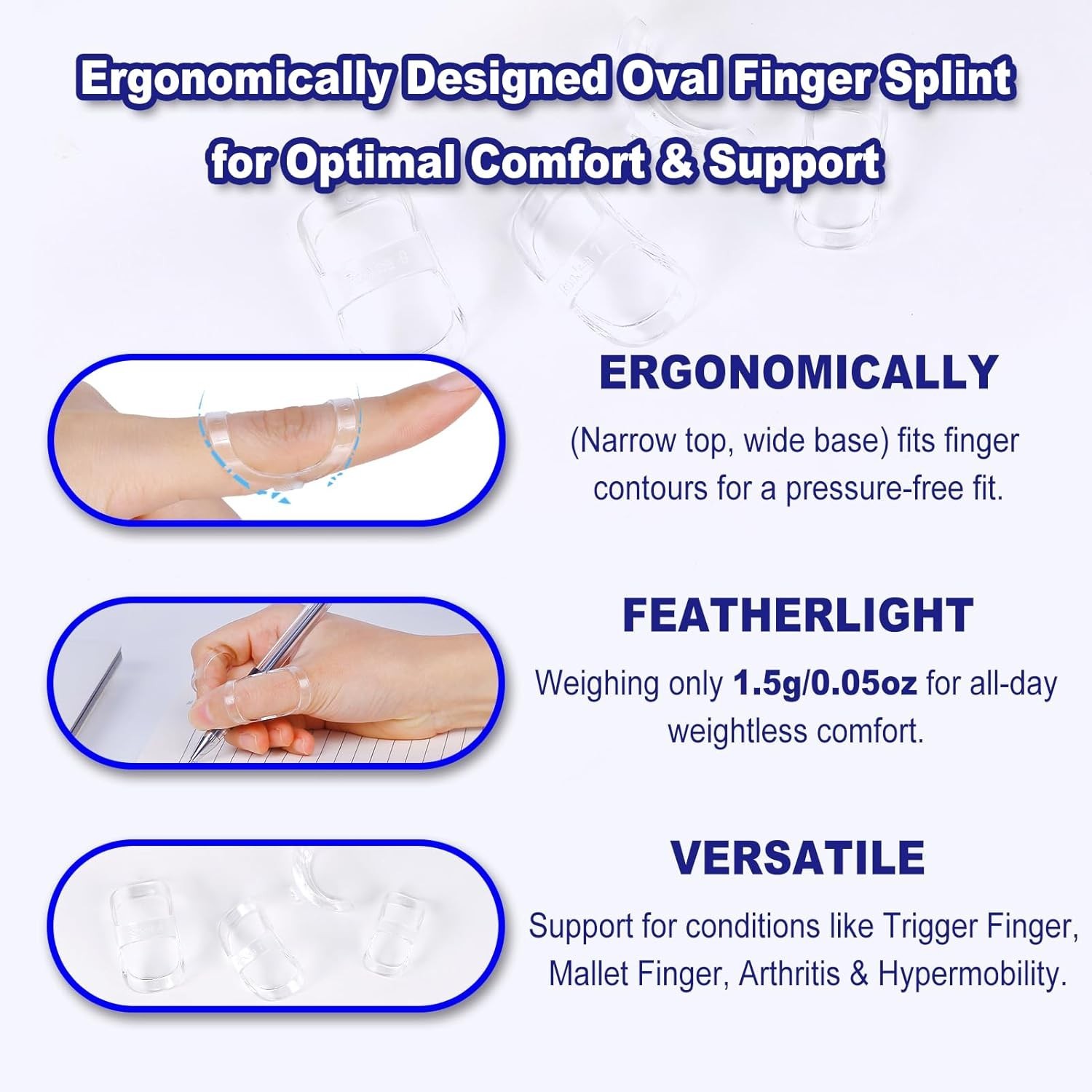 10Pcs Clear Oval Finger Splints & Sleeves Kit, 6 Graduated Trigger Finger Splint