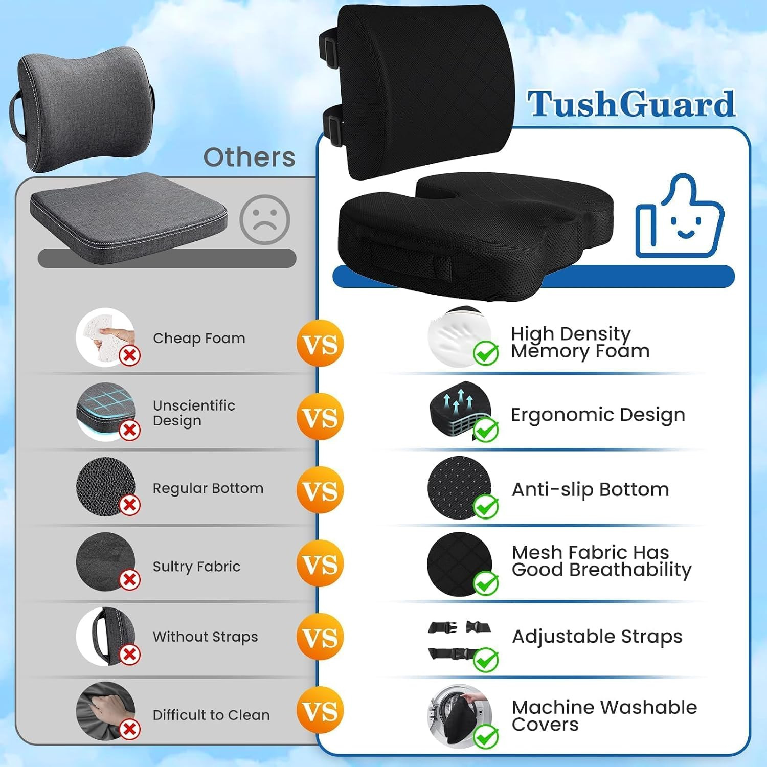 Memory Foam Seat Cushion Lumbar Back Support Office Car Wheelchair Travel Black
