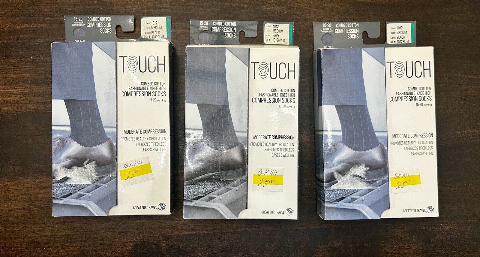 (3) TOUCH Compression Socks for Men, 15-20 mmHg Navy & Black Medium M