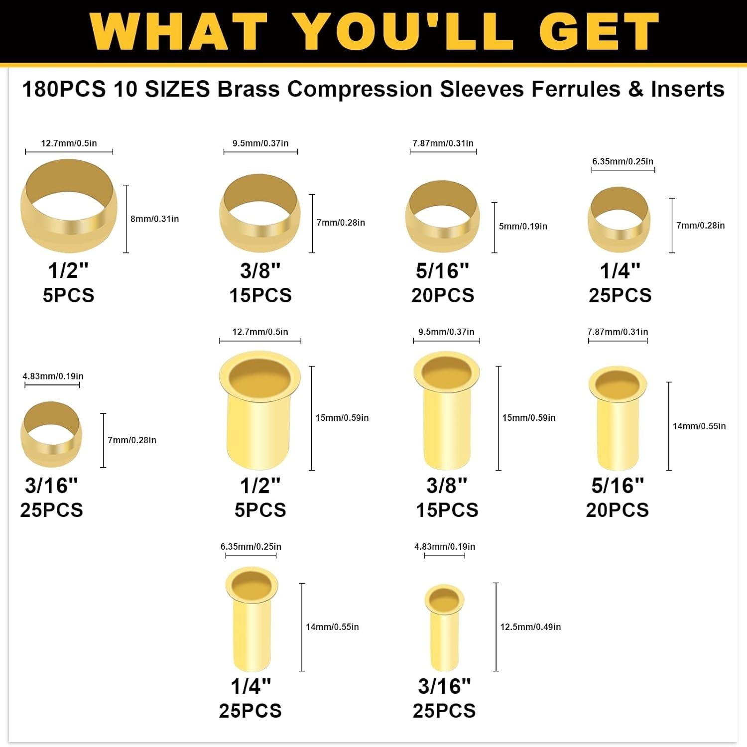 Durable 180PC Brass Compression Sleeves and Inserts – Ideal for Various Tubing