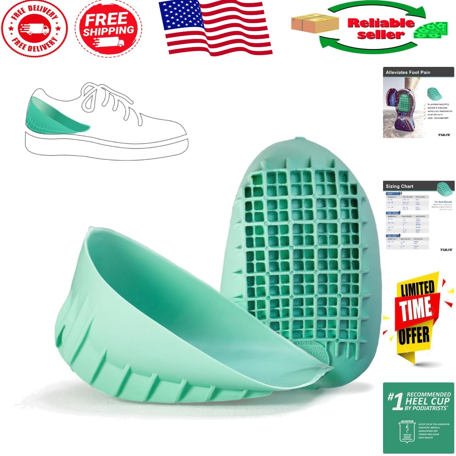 Green Heavy Duty Heel Cups for Plantar Fasciitis – Podiatrist Preferred Comfort