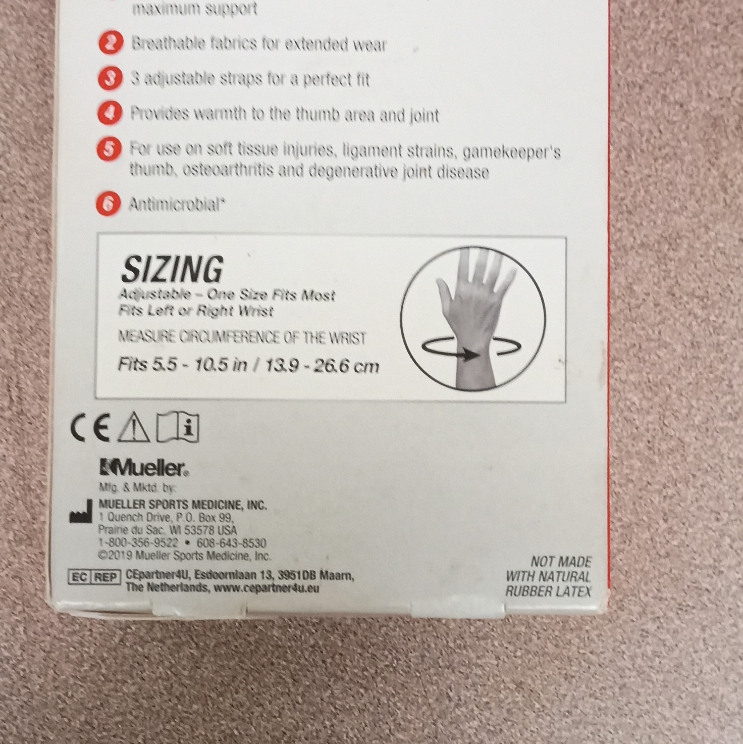 Mueller Thumb Stabilizer Reversible Adjustable Antimicrobial One Size Black