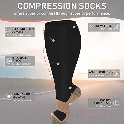 3 Pairs Plus Size Compression Socks for Women and XX-Large 05 Black （copper）