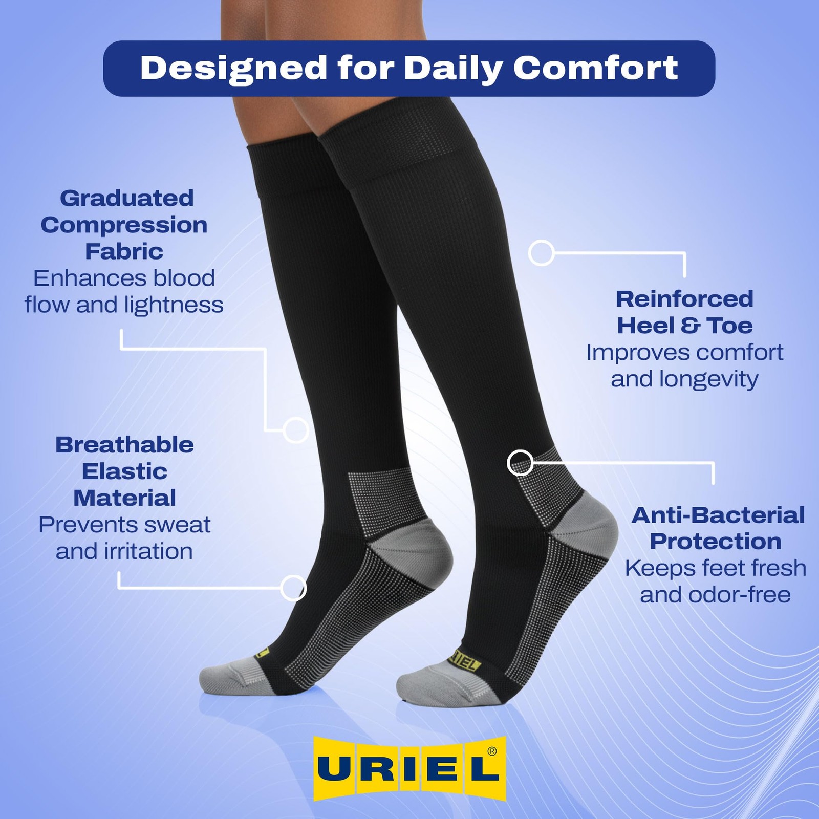 Uriel Compression Socks for Daily Walking, Small Men (3.5–6), Women (5–7.5)