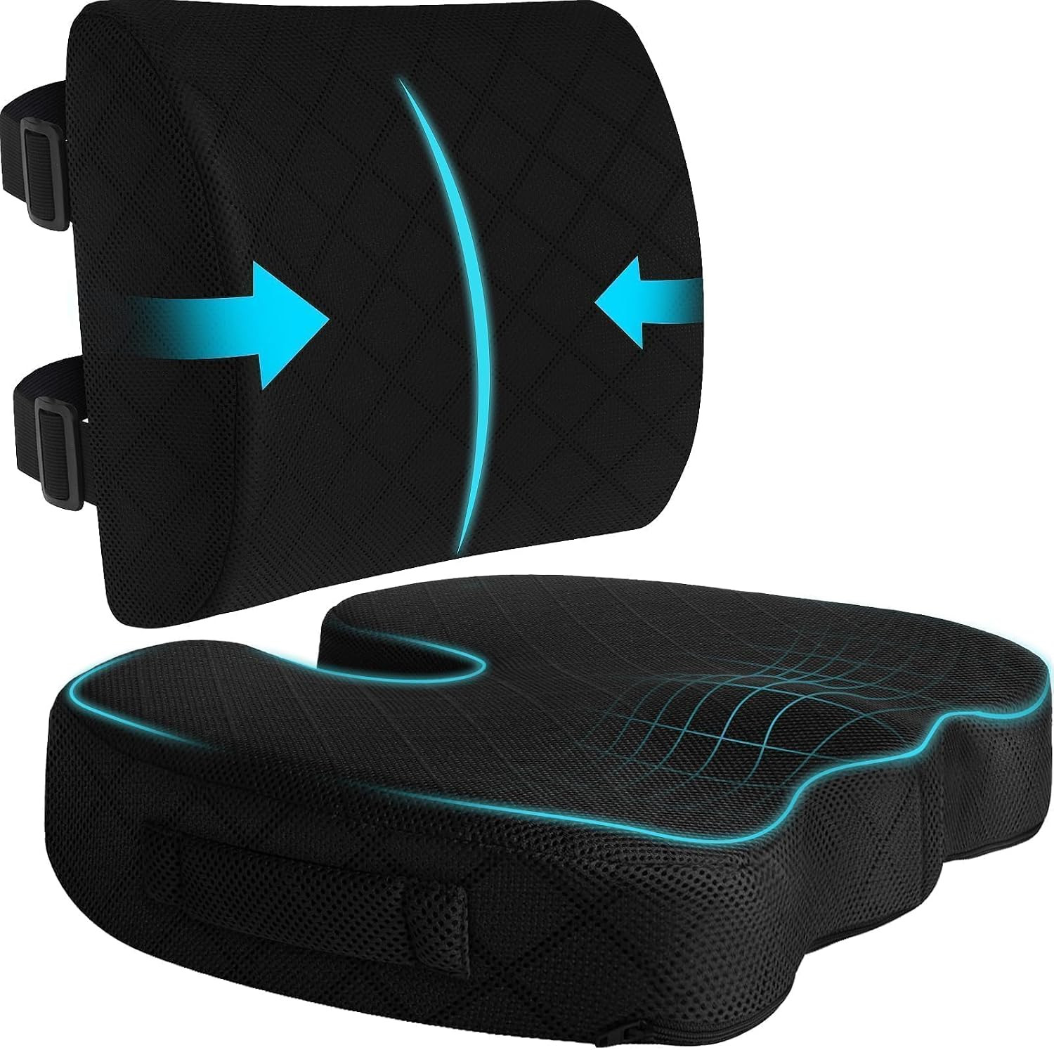 Memory Foam Seat Cushion Lumbar Back Support Office Car Wheelchair Travel Black