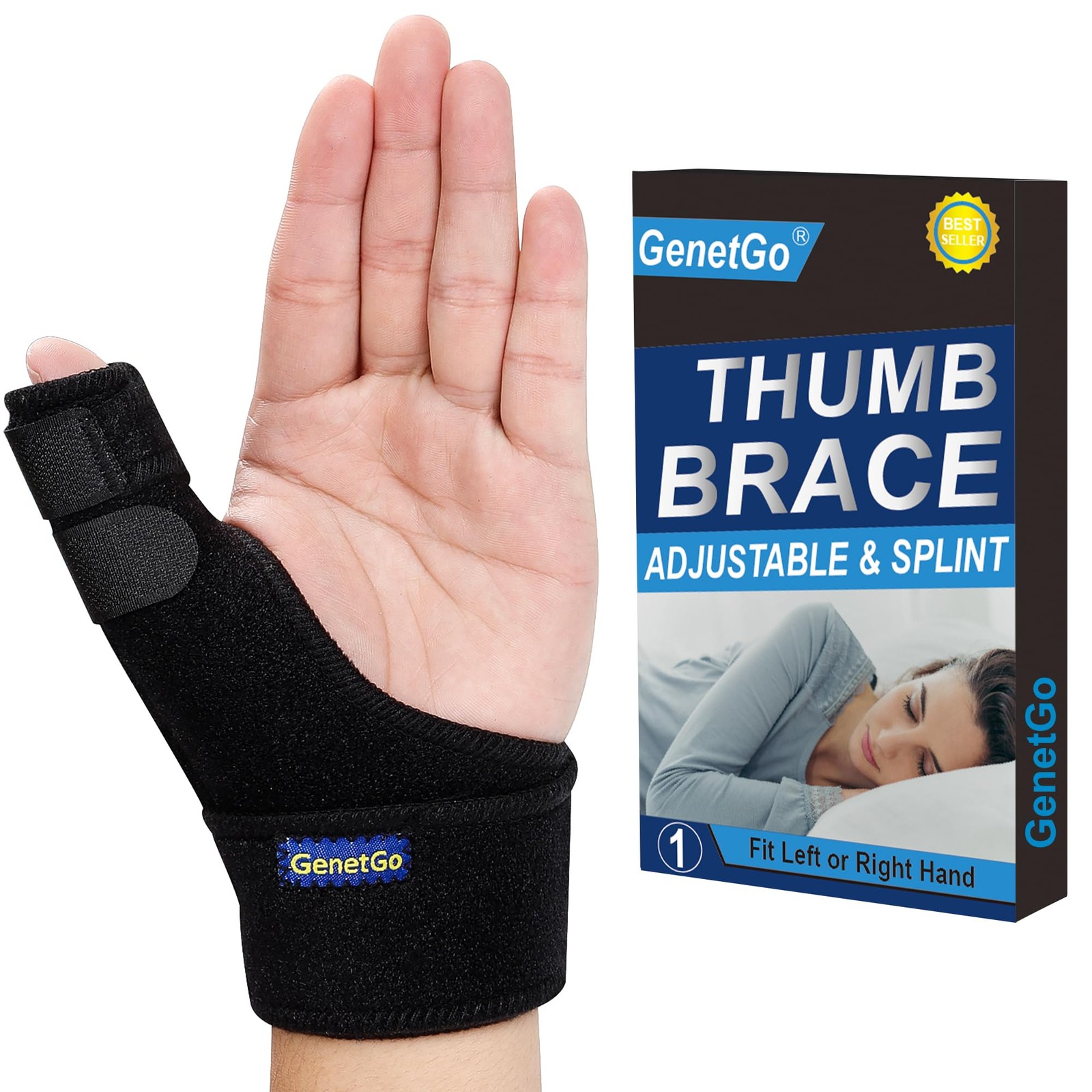 GenetGo Trigger Thumb Splint – Spica Support Brace One Size, Black